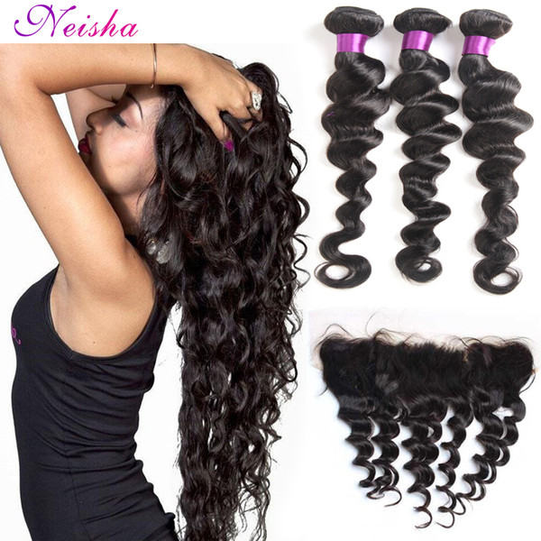 8A Brazilian Loose Wave Frontal With 3 Bundles Brazilian Human Hair With Lace Frontal Closure 4 Pcs Brazilian Loose Wave Hair With Frontal