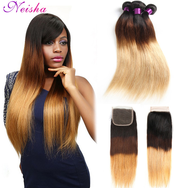 Ombre Human Hair Weave Bundles With Lace Closure 3 Tone Honey Blonde 1B/4/27 Ombre Brazilian Straight Human Hair Extensions With 4x4 Closure