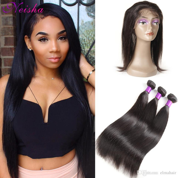 360 Lace Frontal Closure With Brazilian Straight 3 Bundles Unprocessed Virgin Human Hair Weaves Peruvian Indian Malaysian Straight Remy Hair