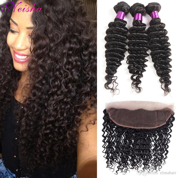 Deep Wave Hair 3 Bundles With 13x4 Pre Plucked Lace Frontal Unprocessed Brazilian Peruvian Indian Malaysian Virgin Hair Bundles With Frontal