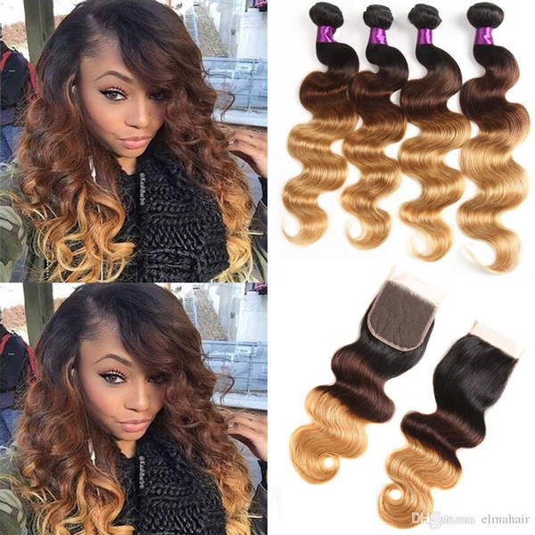 Brazilian Peruvian Malaysian Virgin Ombre Body Wave Bundles With Closure 10A 3 Tone Honey Blonde 1B/4/27 Ombre Lace Closure With 3 Bundles