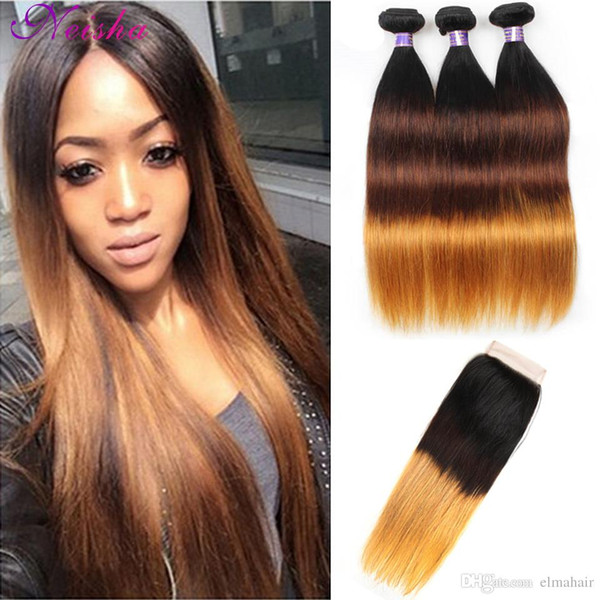 3 / 4 Bundles With Lace Closure Ombre Human Hair Weave Silky Soft Peruvian Straight Hair T1b/4/27 Honey Blonde Hair Extensions With Closure