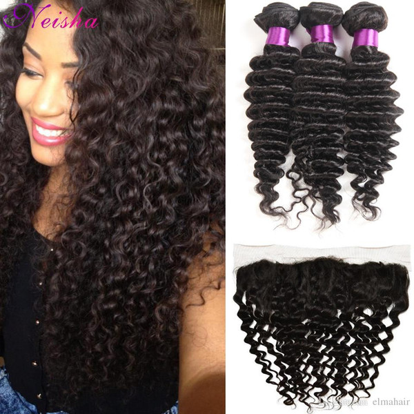 Lace Frontal Closure With 3 Bundles Unprocessed Brazilian Virgin Hair Deep Wave Curly 8A Peruvian Indian Malaysian Remy Human Hair Weaves