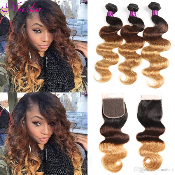 3 Bundles With Closure Brazilian Body Wave T1b/4/27 Malaysian Virgin Hair Weft Ombre Peruvian Human Hair Extensions With 4x4 Lace Closure