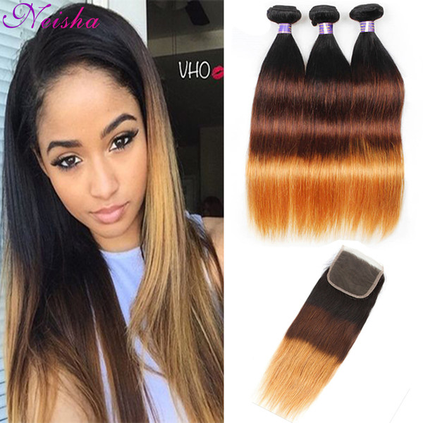 New Ombre Brazilian Peruvian Malaysian Straight Hair With Closure T1B/4/27 Unprocessed Virgin Remy Human Hair 3 Bundles With Lace Closure