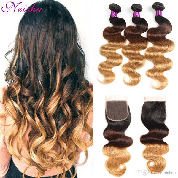 Ombre Malaysian Body Wave Virgin Hair Weaves With 4x4 Lace Closure 3 Tone Ombre Bundles With Free Middle Three Part Closure 1B/4/27 Color