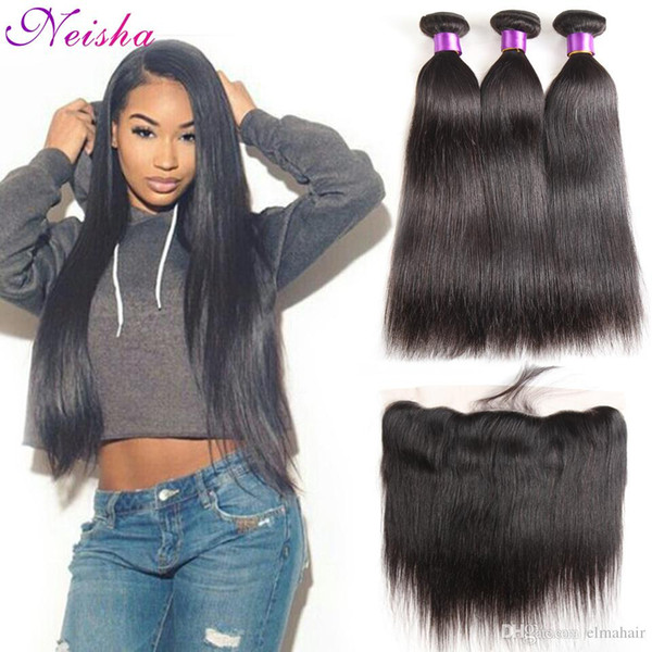 8A Peruvian Straight Virgin Remy Human Hair Extensions 3 Bundles With 13x4 Lace Frontal Closure Preuvian Virgin Hair Straight With Frontal