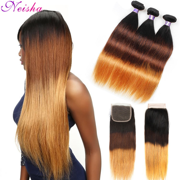 3 Tone Ombre Peruvian Malaysian Brazilian Hair Weaves With Closure 8A 1B/4/27 Straight Virgin Human Hair 3 / 4 Bundles With 4X4 Lace Closure