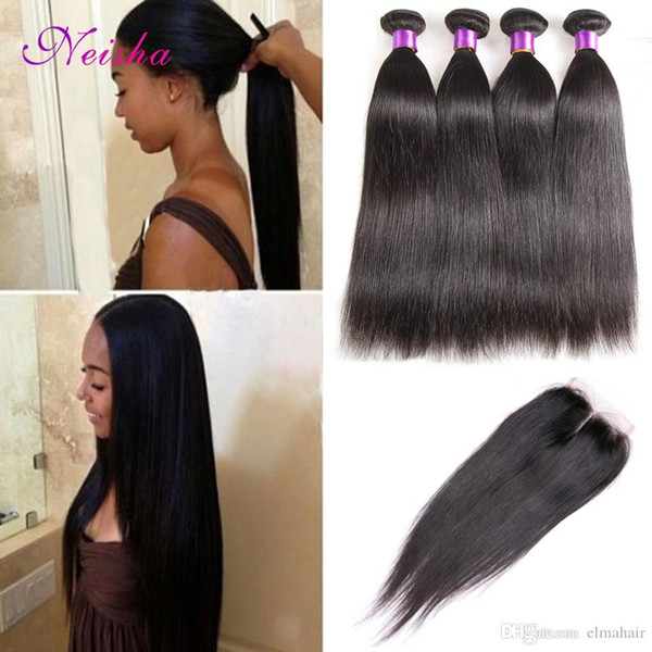 Brazilian Straight Hair 4 Bundles With 4x4 Lace Closure 8A Unprocessed Brazilian Virgin Hair Straight With Closure Human Hair Extensions