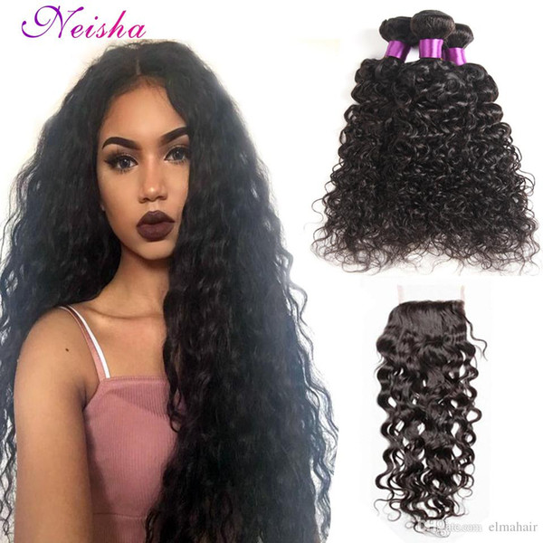 8A Unprocessed Malaysian Virgin Human Hair Water Wave 3 Bundles With 4x4 Lace Closure Malaysian Water Wave With Closure Bleached Knots