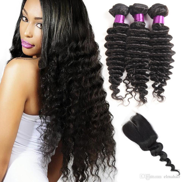 8A Peruvian Virgin Hair Deep Wave With 4x4 Lace Closure Human Hair Extensions Weave Bundles Wefts Wholesale 3 Or 4 Bundles With Closure