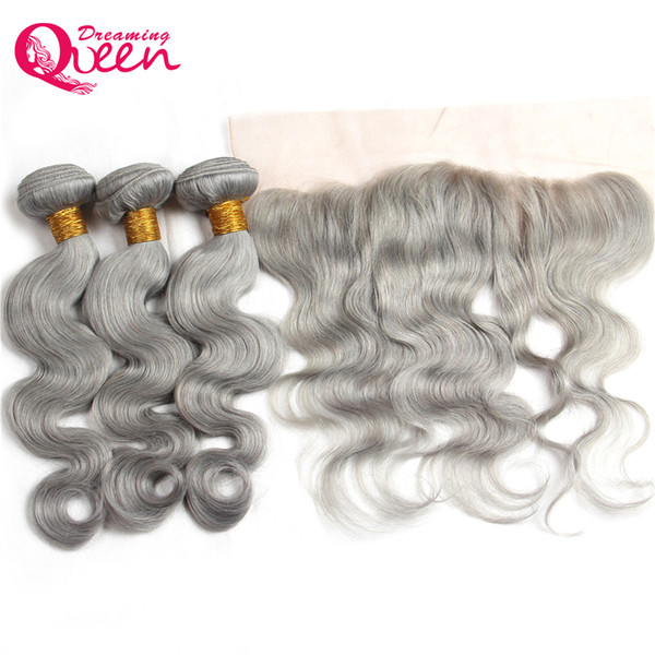 Grey Color Body Wave Ombre Brazilian Virgin Human Hair Weave Extension 3 Pcs With 13x4 Lace Frontal Closure Gray Bleached Knot Frontal