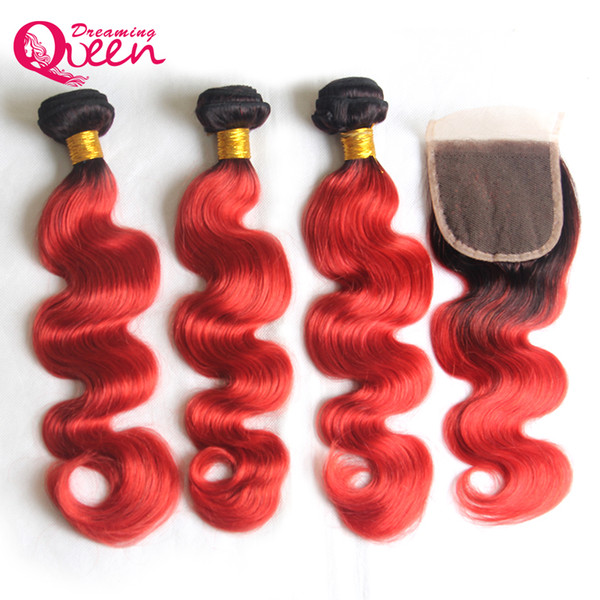 T1B Red Body Wave Ombre Brazilian Virgin Human Hair Weave Extenions 3 Bundles With 4x4 Bleached Knots Lace Closure With Baby Hair