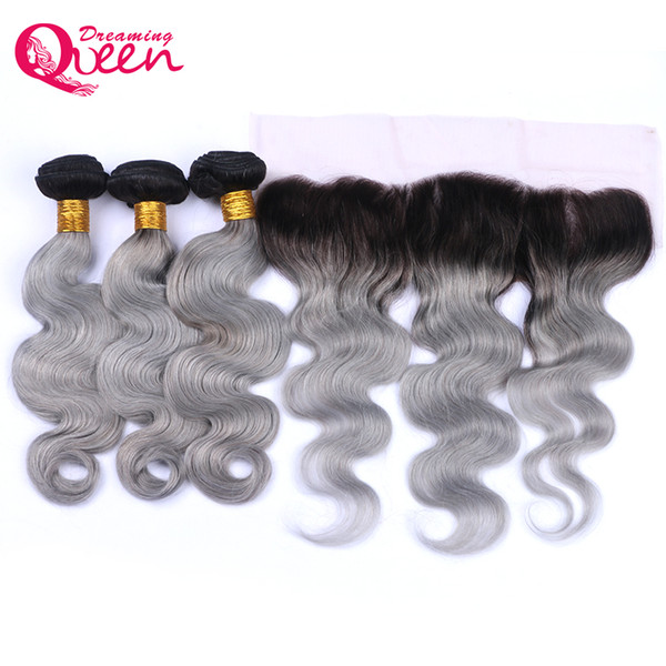 1B Grey Body Wave Ombre Brazilian Virgin Human Hair Bundles 3 Pcs With 13x4 Ear to Ear Lace Frontal With Baby Hair Pre-plucked