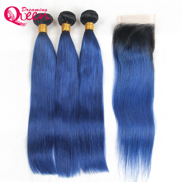 1B Ocean Blue Straight Ombre Brazilian Virgin Human Hair Extensions 3 Bundles With 4x4 Lace Closure Bleached Knots 