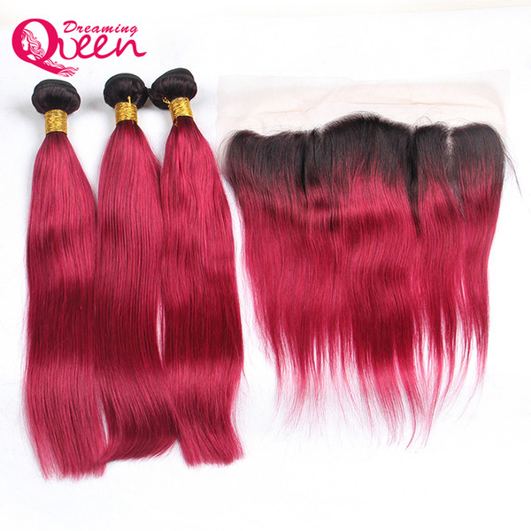 1B Burg Straight Ombre Brazilian Virgin Human Hair Bundles 3 Pcs With 13x4 Lace Frontal Closure With Baby Hair Pre-plucked Frontal