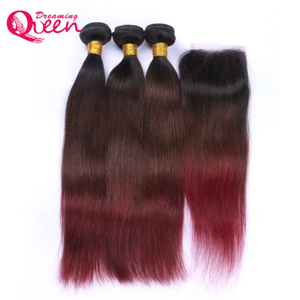 T1B 4 99J Color Straight Ombre Brazilian Virgin Human Hair Weaves 3 Bundles With 4x4 Lace Closure With Baby Hair Bleached Knots Closure