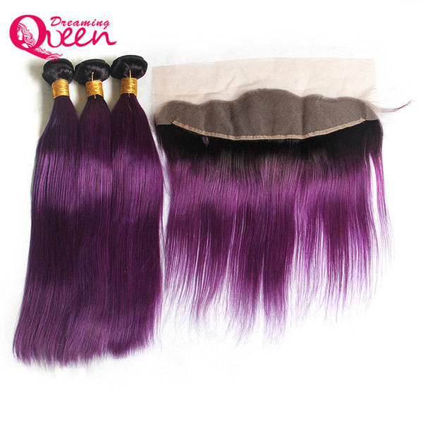 T1B Purple Color Straight Ombre Brazilian Virgin Human Hair Extensions 3 Bundles With 13x4 Ear to Ear Lace Frontal Closure Pre-plucked