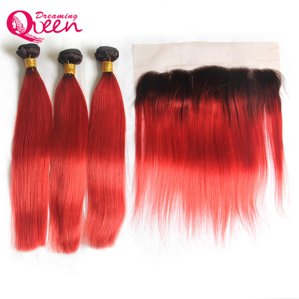 T1B Red Straight Ombre Brazilian Virgin Human Hair Weaves 3 Bundles With 13x4 Ear to Ear Lace Frontal Closure With Baby Hair Bleached Knots