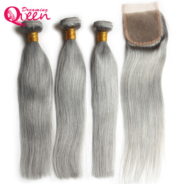 Grey Color Straight Ombre Brazilian Virgin Human Hair Bundles Weave Extension 3 Pcs With 4x4 Lace Closure Gray Color Bleached Knot