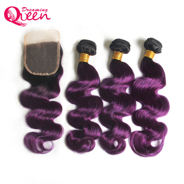 T1B Purple Color Body Wave Ombre Brazilian Virgin Human Hair Bundles 3 Pcs With 4x4 Lace Closure Natural Hairline Ombre Hair Bundles