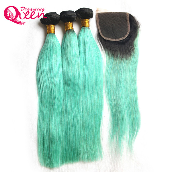 1B Light Green Straight Hair Ombre Brazilian Virgin Human Hair Bundles 3 Pcs With 4x4 Lace Closure With Baby Hair Natural Hairline Closure