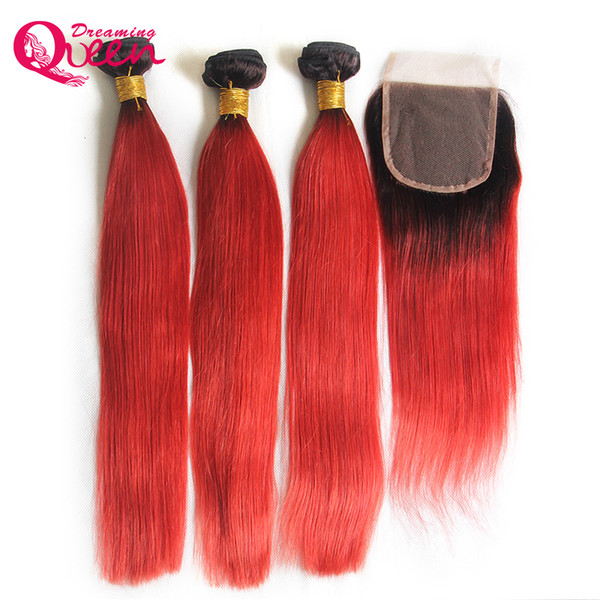 T1B Red Color Straight Ombre Brazilian Virgin Human Hair Bundles Weaves 3 Pcs With 4x4 Bleached Knots Lace Closure With Baby Hair