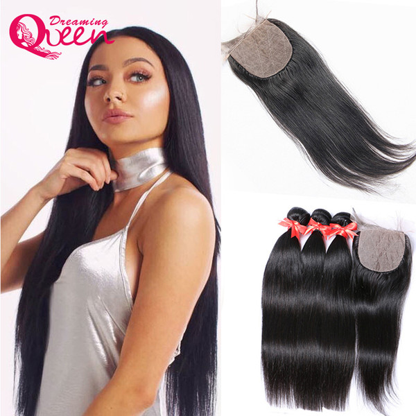 Unprocessed Brazilian Virgin Human Hair Weaves 3 Pcs With Silk Base Lace Closure Pre-plucked Best Quality Hair