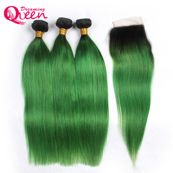 1B Emerald Green Straight Hair Ombre Brazilian Virgin Human Hair Extensions 3 Bundles With 4x4 Lace Closure With Baby Hair Natural Hairline