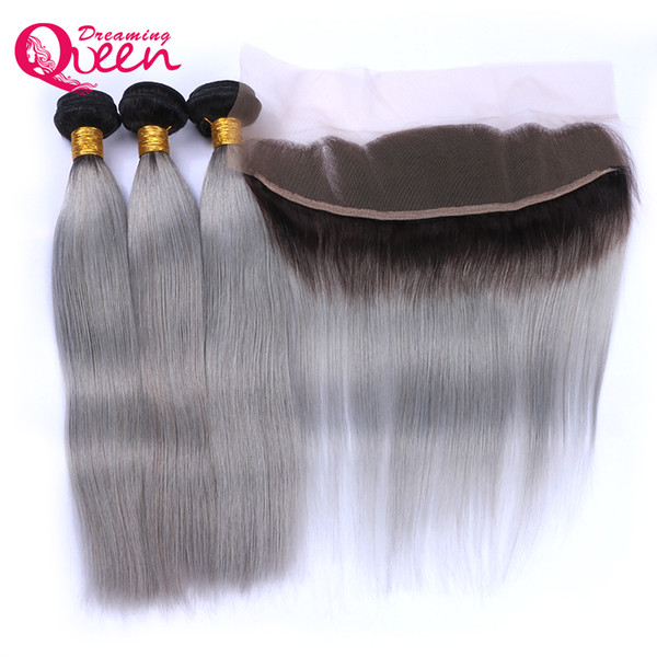 1B Grey Straight Ombre Brazilian Virgin Human Hair Extensions 3 Bundles With 13x4 Ear to Ear Lace Closure With Baby Hair Pre-plucked