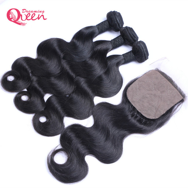 Brazilian Virgin Human Hair With Closure 3 Pcs Brazilian Body Wave Silk Base Lace Closure With Bundles Middle Free Three Part Top Lace