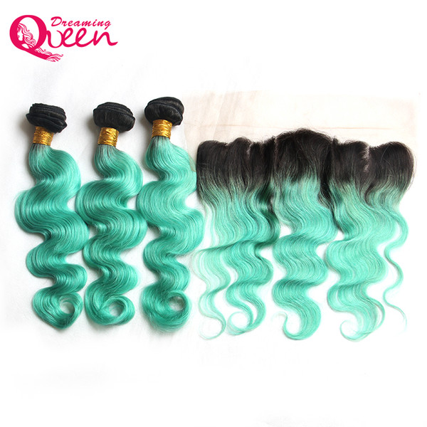 Body Wave 1B Light Green Ombre Brazilian Virgin Human Hair Extension 3 Bundles With 13x4 Ear to Ear Lace Frontal