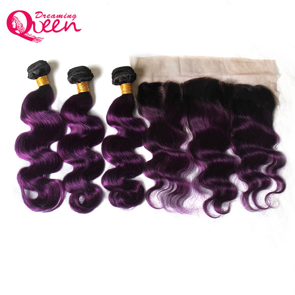 T1B Purple Color Body Wave Ombre Brazilian Virgin Human Hair Extensions 3 Bundles With 13x4 Ear to Ear Lace Frontal Closure With Baby Hair