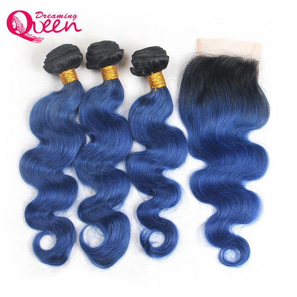 1B Ocean Blue Body Wave Ombre Brazilian Virgin Human Hair Extensions 3 Bundles With 4x4 Lace Closure Bleached Knots 