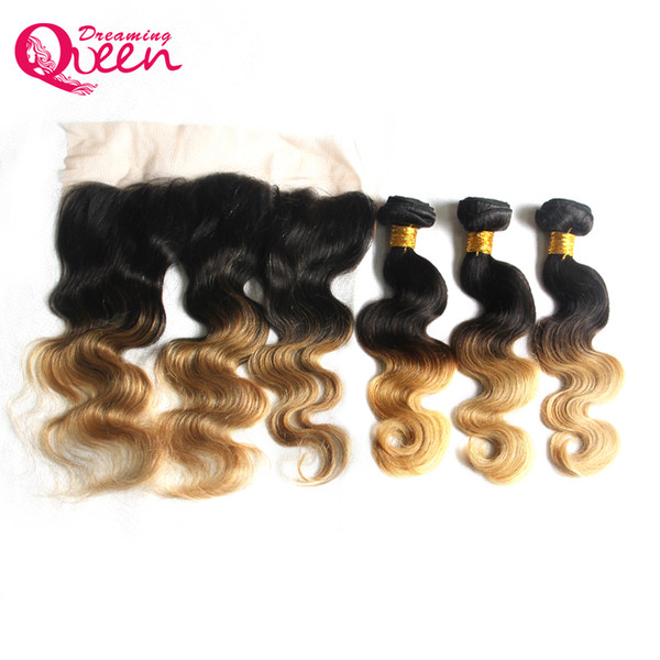 T1B 27 Honey Blonde Body Wave Ombre Brazilian Virgin Human Hair 3 Bundles With 13x4 Lace Closure With Baby Hair Pre-plucked Closure