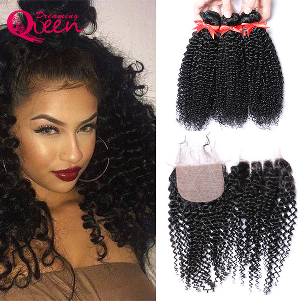 7A Mongolian Kinky Curly Hair With Silk Base Lace Closure 100% Virgin Human Hair Extensions 3 Bundles Fedex DHL 