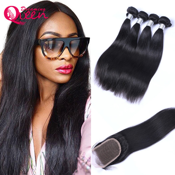 Brazilian Straight Virgin Human Hair Weaves 3 Bundles with Lace Closures Unprocessed Malaysian Peruvian Indian Cambodian Remy Human Hair