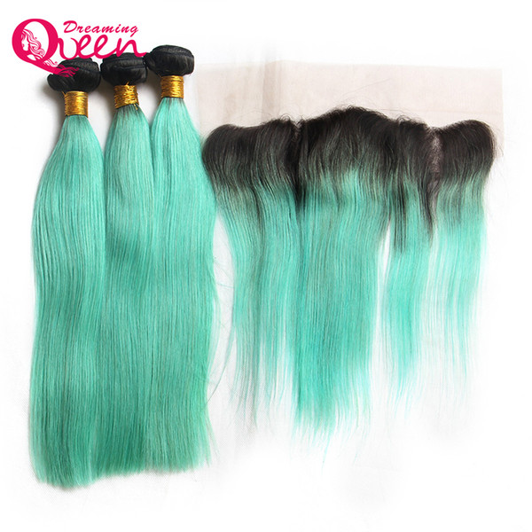 Straight Hair 1B Light Green Ombre Brazilian Virgin Human Hair Extension 3 Bundles With 13x4 Ear to Ear Lace Frontal With Baby Hair Closure