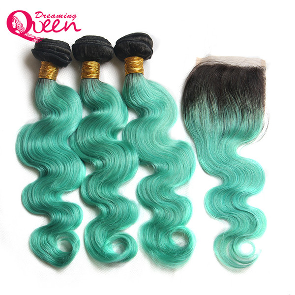 1B Light Green Body Wave Hair Ombre Brazilian Virgin Human Hair Bundles 3 Pcs With 4x4 Lace Closure With Baby Hair Natural Hairline Closure