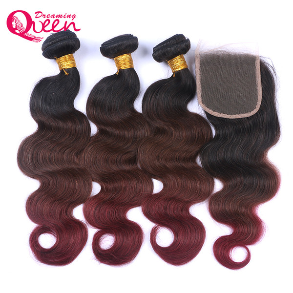 T1B 4 99J Color Body Wave Ombre Brazilian Virgin Human Hair Extension 3 Bundles With 4x4 Lace Closure With Baby Hair Bleached Knots Closure