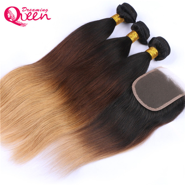 T1B 4 27 Straight Ombre Brazilian Virgin Human Hair Bundles Weaves 3 Pcs With 4x4 Bleached Knots Lace Closure With Baby Hair Best Price