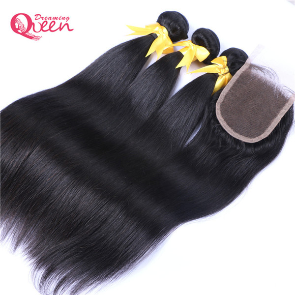 Brazilian Human Hair With Closure 10A 3 Pcs Brazilian Straight Lace Closure With Bundles Peruvian Straight Hair With Closure