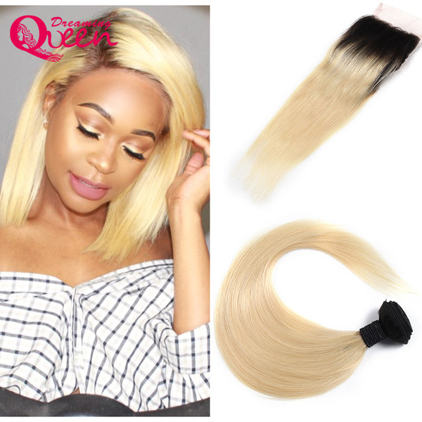 1B 613 Blonde Straight Ombre Brazilian Virgin Human Hair Weaves 3 Pcs With 4x4 Lace Closure With Baby Hair Bleached Knots 