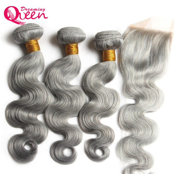 Grey Color Body Wave Ombre Brazilian Virgin Human Hair Bundles Weave Extension 3 Pcs With 4x4 Lace Closure Gray Color Bleached Knot