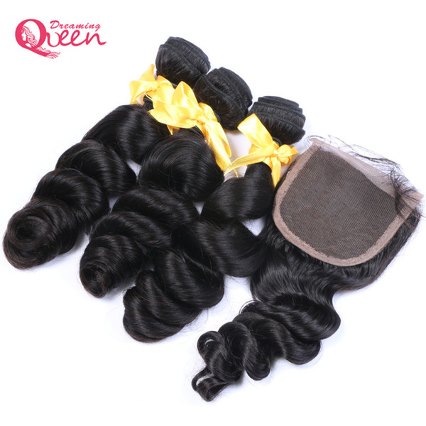 Peruvian Loose Wave Hair Bundles With Closure Peruvian Virgin Human Hair With 4x4 Lace Closure 100% Unprocessed Hair Weaves 3 Bundles