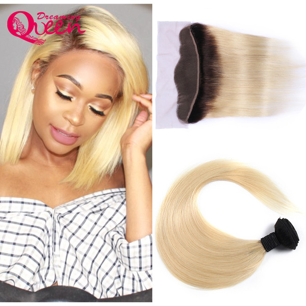 1B 613 Blonde Straight Ombre Brazilian Virgin Human Hair 3 Bundles With 13x4 Ear to Ear Lace Closure With Baby Hair Pre-plucked