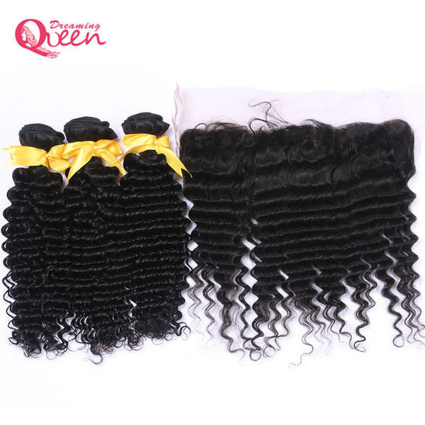 Brazilian Deep Wave Hair Bundles With Silk Base Lace Frontal Closure Unprocessed Virgin Human Hair 3 Pcs With Ear to Ear Frontal