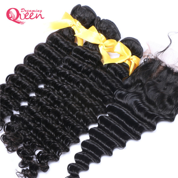 Brazilian Virgin Human Hair With Closure 3 Bundles Brazilian Deep Wave Silk Base Lace Closure With Hair Weaves Pre-plucked Base Closure