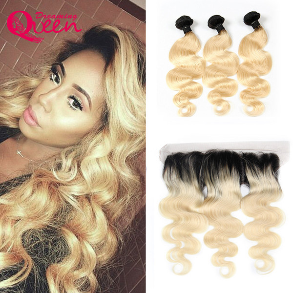 1B 613 Blonde Body Wave Ombre Brazilian Virgin Human Hair 3 Bundles With 13x4 Ear to Ear Lace Closure With Baby Hair 