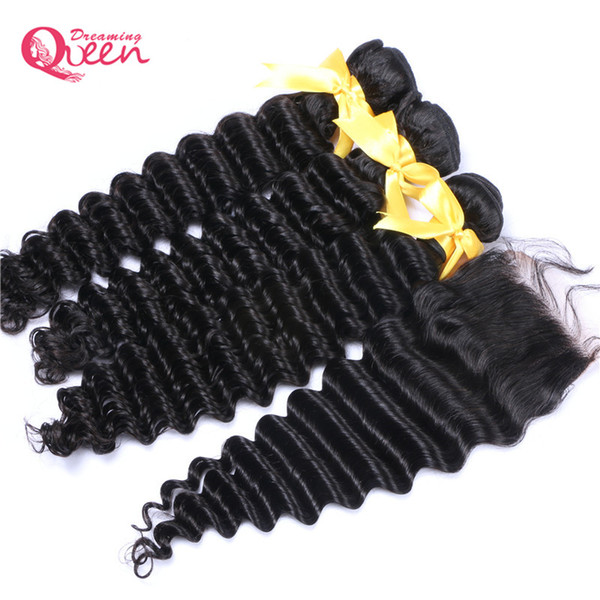 Brazilian Deep Wave Hair Bundles With Closure Brazilian Virgin Human Hair With 4x4 Lace Closure Unprocessed Hair Weaves 3 Bundles